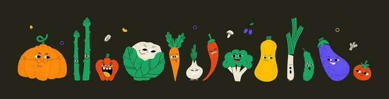 Cute vegetable characters with funny kawaii faces. Happy smiling healthy food set. Fun pumpkin, radish, broccoli, onion, tomato. Kids flat graphic vector illustrations isolated on black background