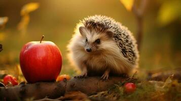 Cute hedgehog in forest with apple photo