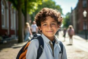 un contento niño en negro caminando dentro colegio foto