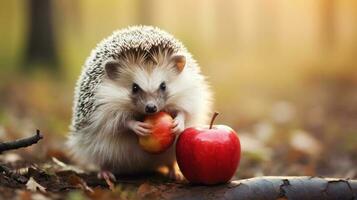 Cute hedgehog in forest with apple photo