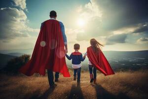 Dad with sons and daughter in superhero costume photo