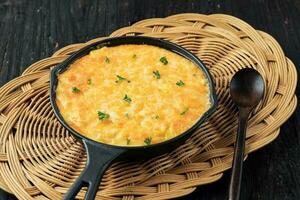 Korean Corn Cheese in Cast Iron Skillet Frying Pan photo