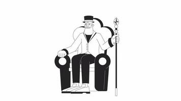 Old fashioned aristocrat sitting in royal seat bw outline 2D character animation. Monochrome linear cartoon 4K video. Gentleman with staff hitting floor animated person isolated on white background video