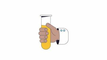 Lab tube holding line 2D character hand animation. Testing flat color cartoon 4K video, alpha channel. Chemistry lab. Scientist holding test container animated person body part on white background video