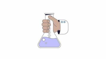 Wissenschaftler Flasche halten Linie 2d Charakter Hand Animation. Labor Forschung eben Farbe Karikatur 4k Video, Alpha Kanal. Labor Erlenmeyer. Hand Chemie animiert Person Körper Teil auf Weiß Hintergrund video