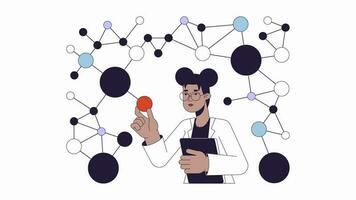 Molecule scientist in laboratory line 2D animation. 4K video motion graphic. African american female lab researcher touching spherical molecule linear animated cartoon flat concept, white background