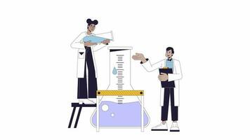 Lab technicians conducting chemical experiment line 2D animation. Pouring liquid science 4K video motion graphic. College students in laboratory linear animated cartoon flat concept, white background