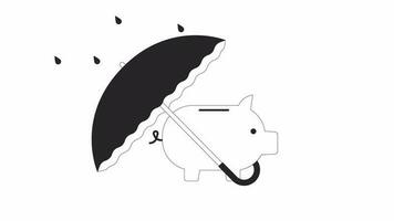 Schweinchen Bank unter Versicherung Regenschirm bw Gliederung 2d Animation. Sparschwein Sicherheit 4k Video Bewegung Grafik. in den Ruhestand gehen Ersparnisse Schutz einfarbig linear animiert Karikatur eben Konzept, Weiß Hintergrund