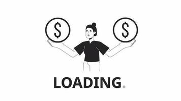 Managing budget bw loading animation. Asian woman with dollar coins balancing outline 2D cartoon character 4K video loading motion graphic. Make stability animated gif isolated on white background