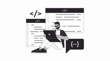 Back end development bw outline 2D animation. Developer coding. Software programmer 4K video motion graphic. Coder typing on laptop monochrome linear animated cartoon flat concept, white background