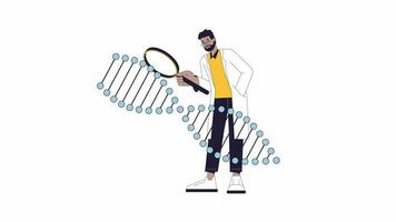 Scientist studying dna strand rotating line 2D animation. Dna researcher with magnifying glass 4K video motion graphic. Genetic engineering linear animated cartoon flat concept, white background