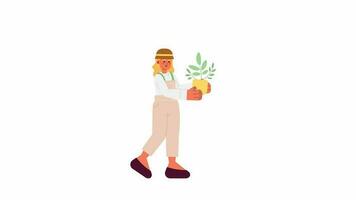 jardinier fille avec plante pot 2d personnage animation. jardinage la personne plat dessin animé 4k vidéo, transparent alpha canaliser. fleuriste femme profiter plante d'appartement Animé la personne sur blanc Contexte video