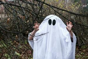 niño vestido en un fantasma disfraz asusta en el oscuro bosque. el niño es teniendo divertido en Víspera de Todos los Santos foto