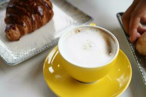 hot cake coffee on cafe table photo