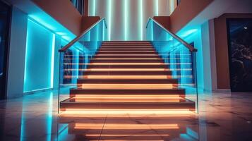 escalera con LED Encendiendo en un moderno interior. ai generado. foto