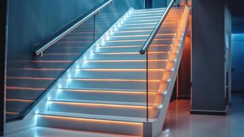 Stairs with LED lighting in a modern interior. . photo