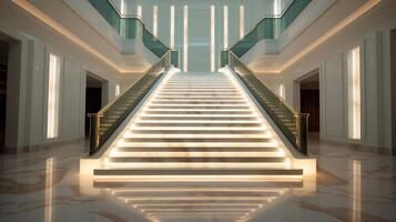 escalera con LED Encendiendo en un moderno interior. ai generado. foto