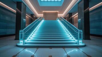 Stairs with LED lighting in a modern interior. . photo