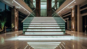 escalera con LED Encendiendo en un moderno interior. ai generado. foto