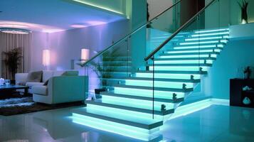 escalera con LED Encendiendo en un moderno interior. ai generado. foto