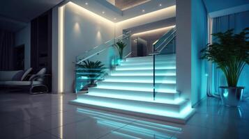 escalera con LED Encendiendo en un moderno interior. ai generado. foto