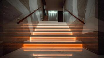 escalera con LED Encendiendo en un moderno interior. ai generado. foto