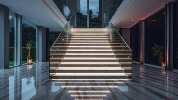 escalera con LED Encendiendo en un moderno interior. ai generado. foto