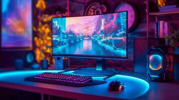 Gaming PC room with led lights in different colors. illustration. photo