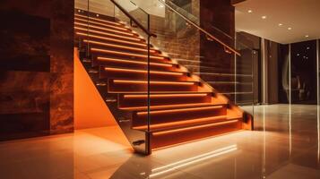 Stairs with LED lighting in a modern interior. . photo