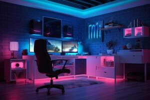 Gaming PC room with led lights in different colors. illustration. photo