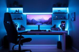 Gaming PC room with led lights in different colors. illustration. photo