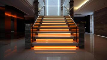 escalera con LED Encendiendo en un moderno interior. ai generado. foto