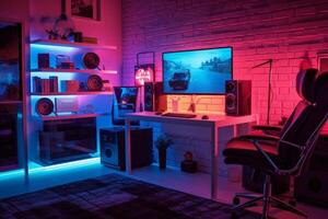 Gaming PC room with led lights in different colors. illustration. photo