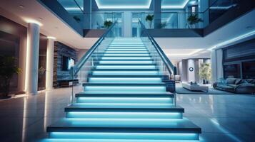 Stairs with LED lighting in a modern interior. . photo