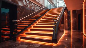 Stairs with LED lighting in a modern interior. . photo