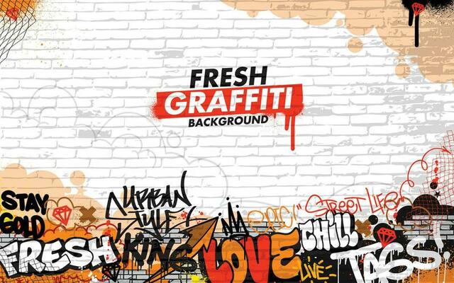 Graffiti background with throw-up and tagging hand-drawn style. Street art graffiti urban theme in vector format.
