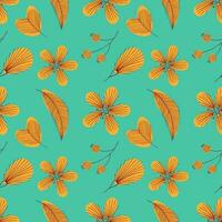 Autumn pattern with doodle leaves and flowers and berry. vector