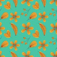 Autumn pattern with doodle leaves and flowers and berry. vector