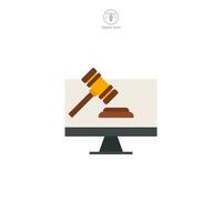 Online Auction. Computer with Gavel icon symbol vector illustration isolated on white background