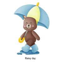 pequeño oso con amarillo y azul lluvia paraguas vector