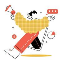 Online marketing. The girl from the phone speaks into a megaphone. Feedback. Vector illustration in geometric style.