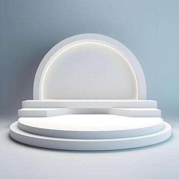 3d render, abstract scene with white round podium for product presentation. Illustration. Podium for product shoot. Minimal Display for product. photo