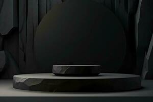 Mockup for podium exhibition or showcase with a minimalistic black geometric Stone and Rock form background. Generative AI photo