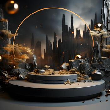 Landscape layout 3d rendering empty mockup scene of concrete texture podium for the product template, generative ai photo