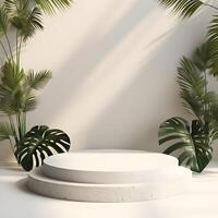 3d hacer vacío espacio blanco podio con monstera hoja casa planta podio para producto disparo. ai generativo ilustración. foto