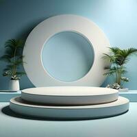 Abstract minimal scene with round podium, palm tree and plants on blue background. 3d render. AI Generative Illustration. Podium for product shoot. Minimal Display for product. photo