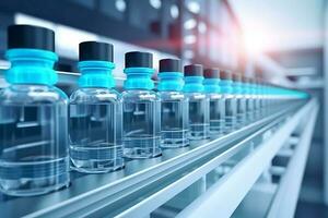 3d render. Pharmaceutical manufacture background with glass bottles with clear liquid on automatic conveyor line. AI Generative photo