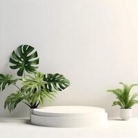 3d hacer vacío espacio blanco podio con monstera hoja casa planta podio para producto disparo. ai generativo ilustración. foto