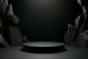 Mockup for podium exhibition or showcase with a minimalistic black geometric Stone and Rock form background. Generative AI photo