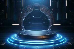Futuristic stand or podium background. sci-fi display scene, space from the windows of a spaceship AI Generative Illustration photo